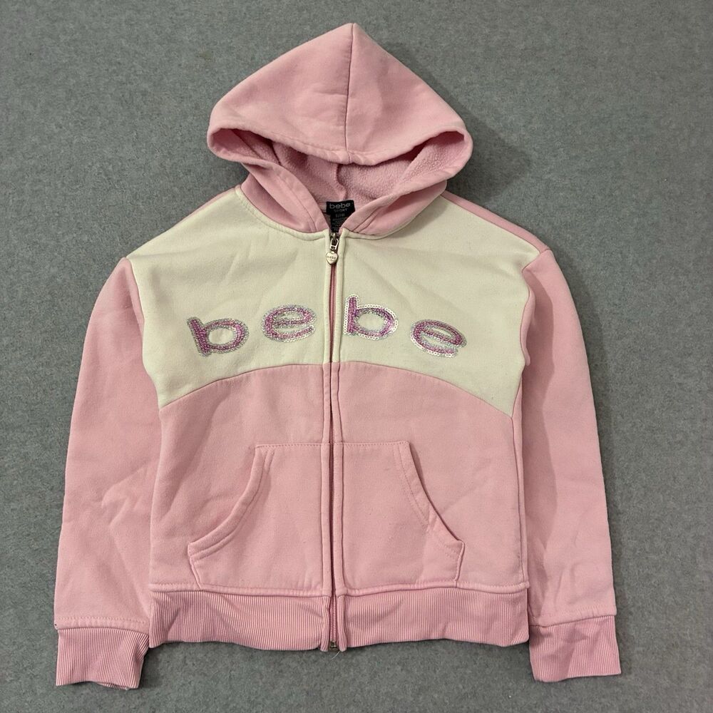 Bebe Sport Girls S 7/8 Pink White Sequin Logo Full Zip Hoodie Y2K Tracksuit